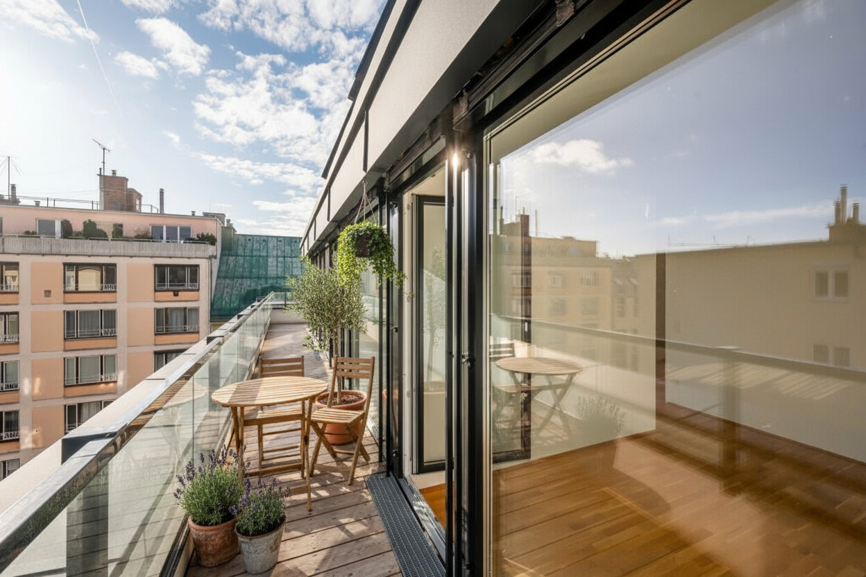 Moderne, lichtdurchflutete DG-Wohnung: 3,5 Zimmer mit Terrasse, Nähe U4 Friedensbrücke